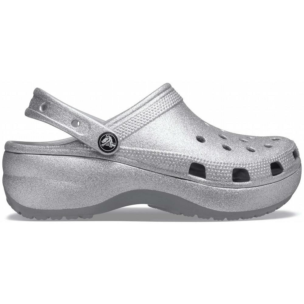 Silver Women's Crocs Classic Glitter Clog Platform Clogs | NZ 0457GSOL